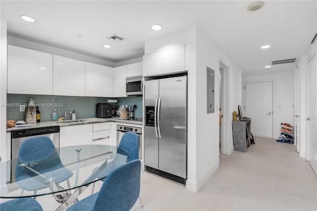 kitchen with appliances with stainless steel finishes, white cabinets, sink, and backsplash