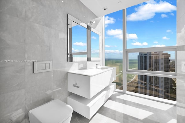 bathroom featuring toilet, vanity, and tile walls