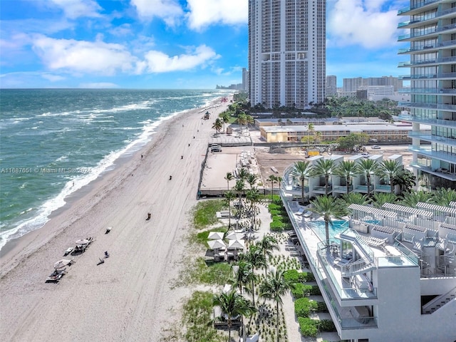 aerial view featuring a beach view and a water view