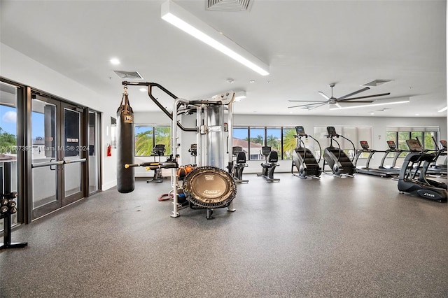 exercise room featuring ceiling fan