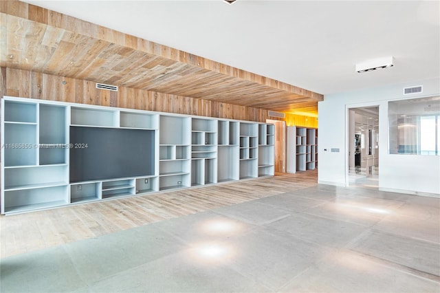 spare room with wood-type flooring, wooden walls, and wooden ceiling