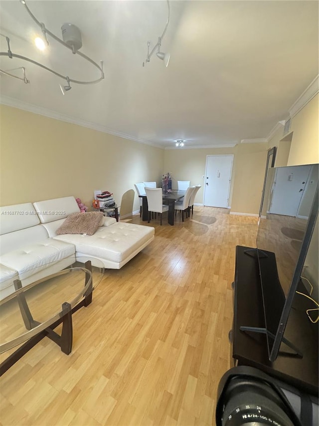 living room featuring ornamental molding, track lighting, and light hardwood / wood-style flooring