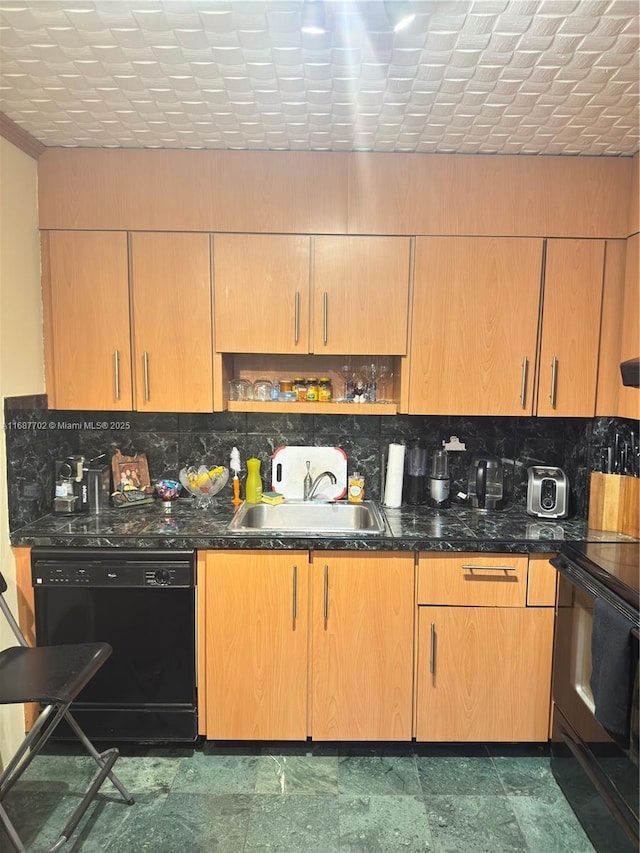 kitchen with backsplash, sink, and black appliances