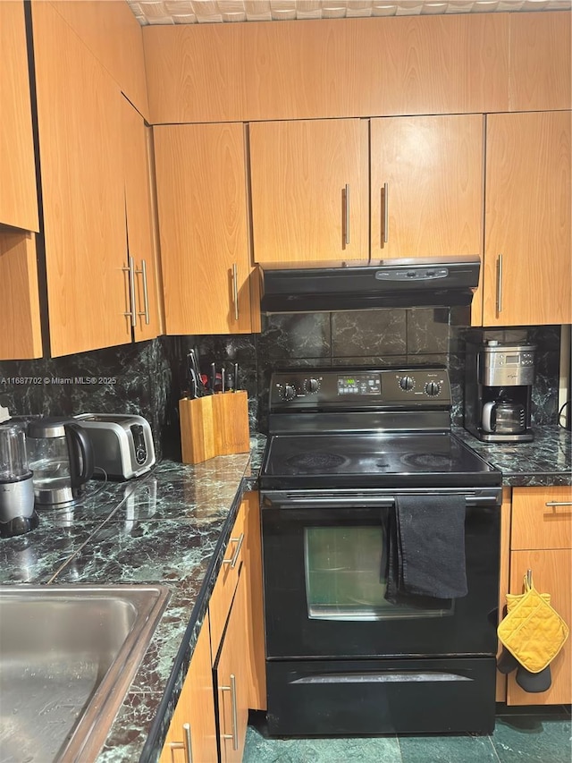 kitchen featuring sink, dark stone countertops, backsplash, exhaust hood, and black range with electric cooktop