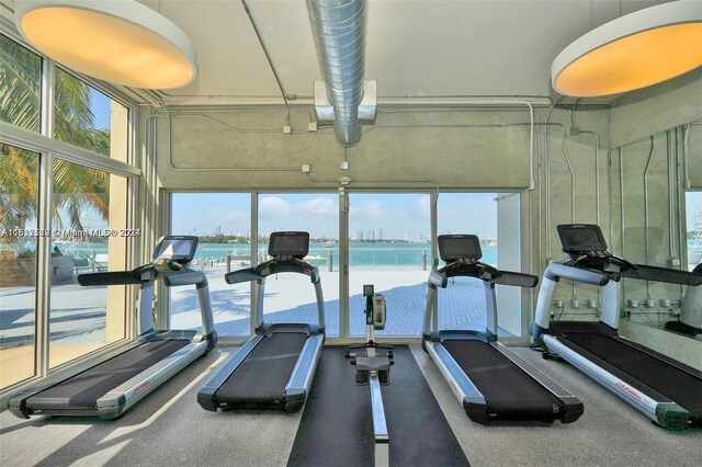 exercise room featuring a wealth of natural light and a water view