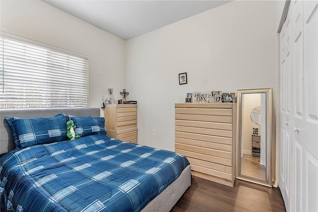 bedroom with a closet and dark wood-type flooring