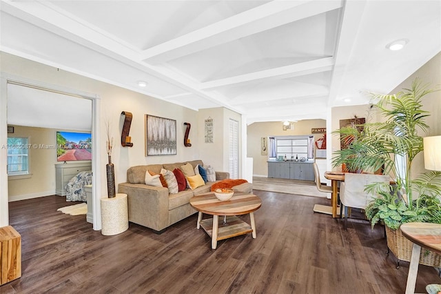 living room featuring dark wood-type flooring and beam ceiling