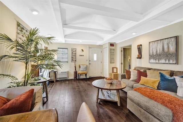 living room featuring dark hardwood / wood-style flooring, an AC wall unit, and beam ceiling