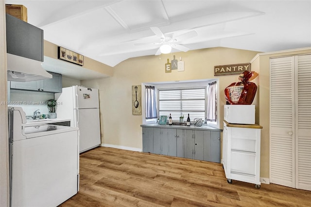 kitchen with ceiling fan, hardwood / wood-style floors, range, gray cabinets, and white refrigerator