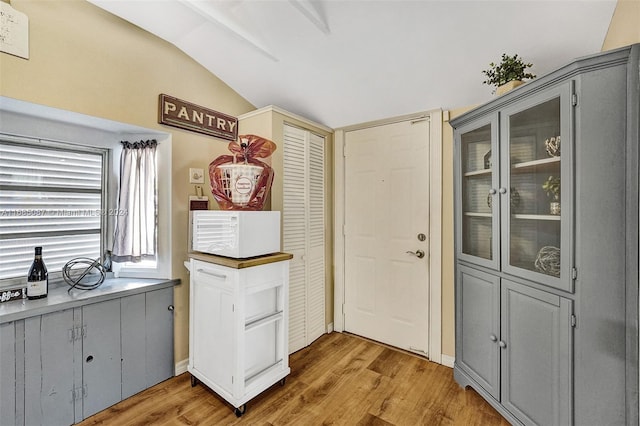 interior space featuring hardwood / wood-style floors, vaulted ceiling, and gray cabinetry