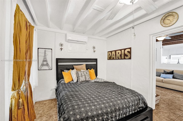 tiled bedroom with a fireplace, beamed ceiling, and an AC wall unit