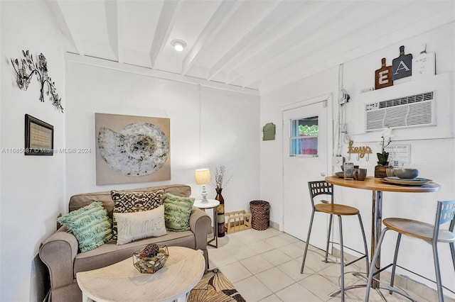 tiled living room with a wall mounted air conditioner and beam ceiling