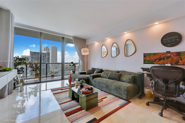 living room with a wall of windows