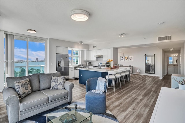 living room featuring a water view, sink, and hardwood / wood-style floors