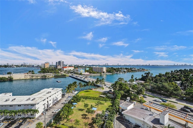 aerial view featuring a water view