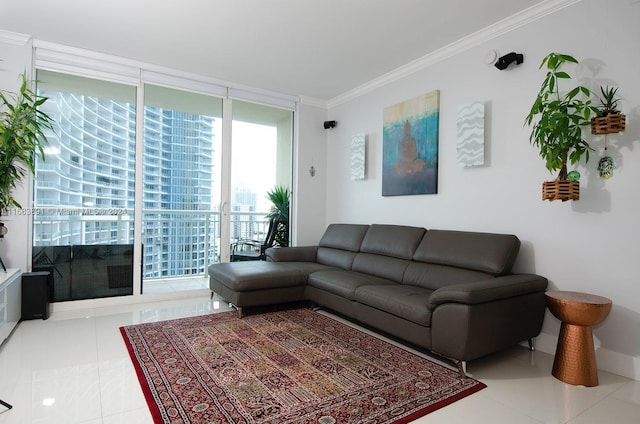 tiled living room with crown molding