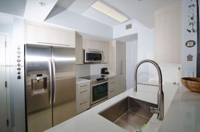 kitchen with sink, light brown cabinets, and stainless steel appliances