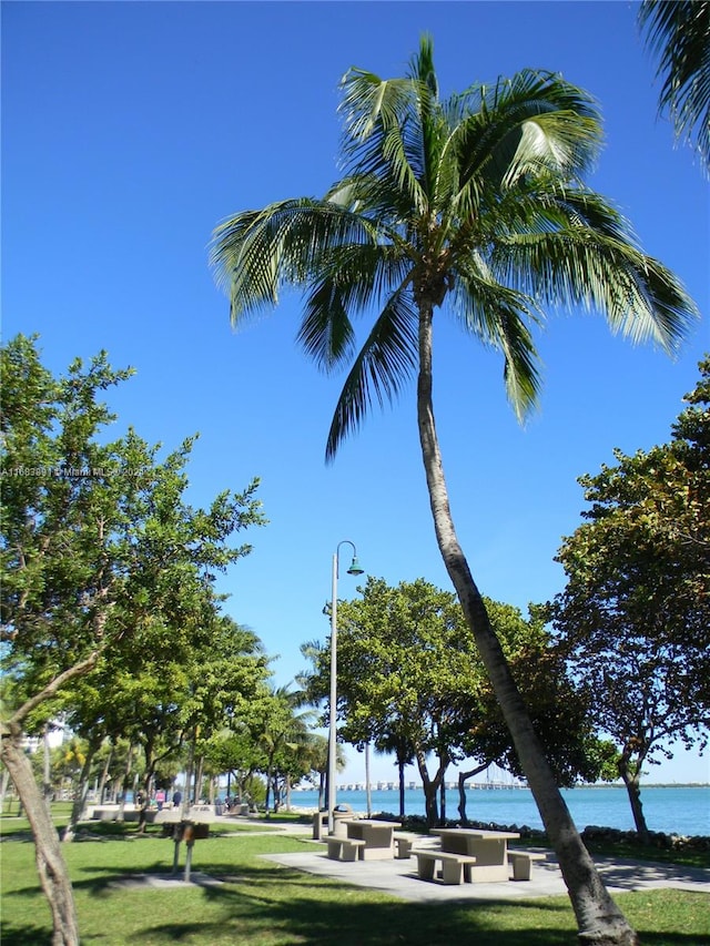 surrounding community with a water view and a lawn