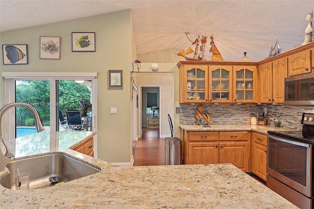 kitchen featuring stainless steel appliances, sink, vaulted ceiling, a textured ceiling, and dark hardwood / wood-style flooring