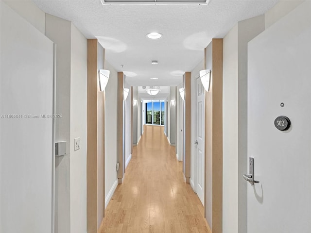 hallway with a textured ceiling and light hardwood / wood-style floors