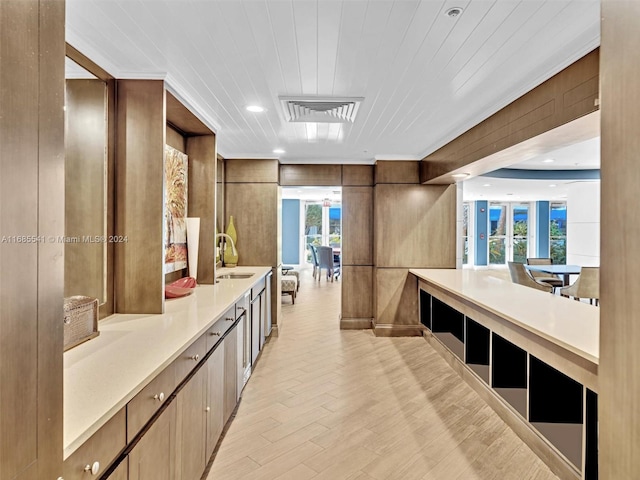 bathroom with vanity, hardwood / wood-style floors, and wooden ceiling