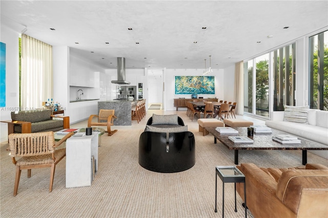 living room with a wall of windows, light carpet, and sink