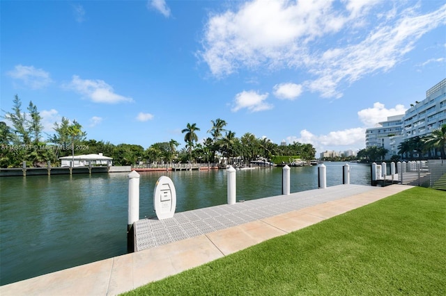 dock area with a water view and a lawn