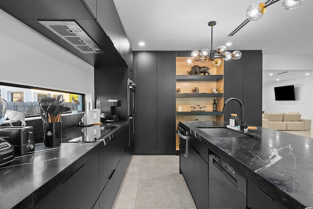 kitchen with light tile patterned floors, hanging light fixtures, sink, stainless steel dishwasher, and black electric cooktop