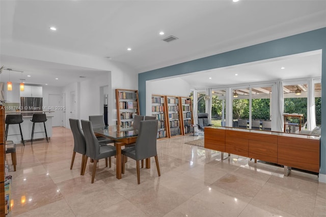 dining space featuring marble finish floor, visible vents, and recessed lighting