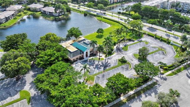 aerial view featuring a water view