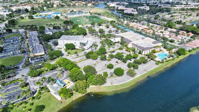 aerial view featuring a water view