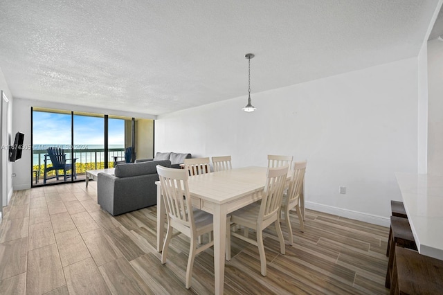 dining room with light wood-type flooring, a wall of windows, and a textured ceiling