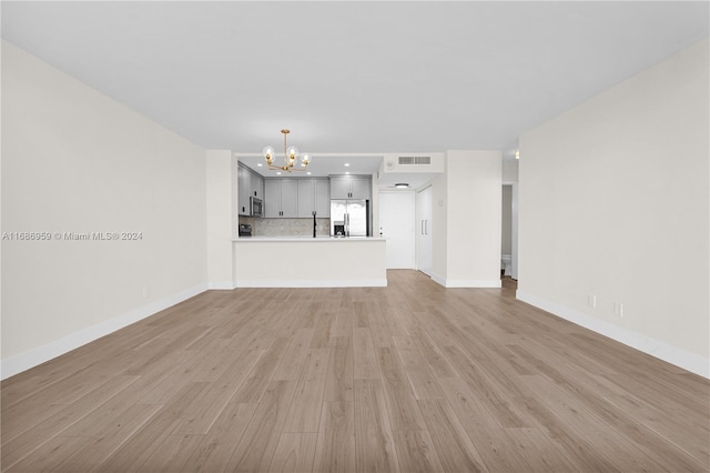 unfurnished living room featuring light hardwood / wood-style floors and a chandelier