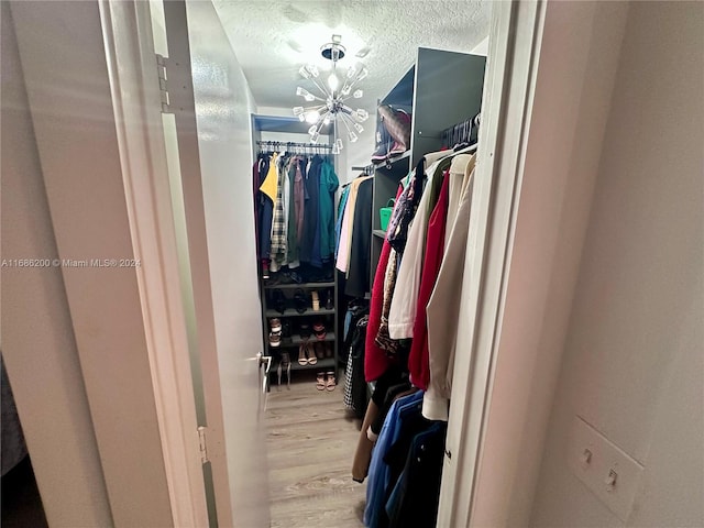 walk in closet with hardwood / wood-style flooring and a chandelier