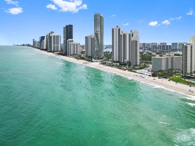 bird's eye view featuring a water view and a view of the beach