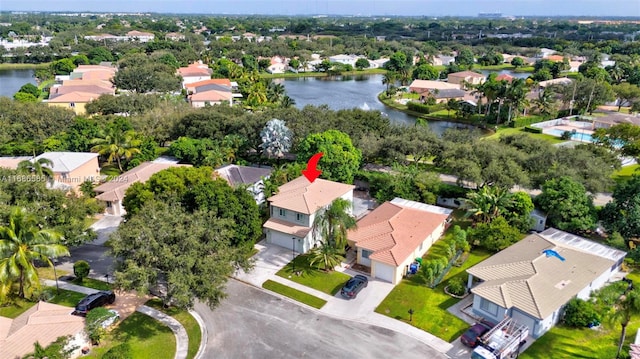 aerial view featuring a water view