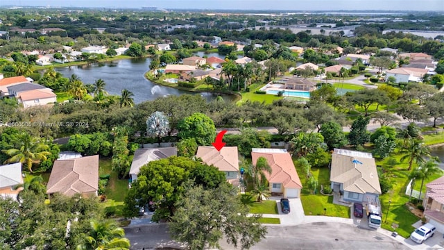 aerial view featuring a water view