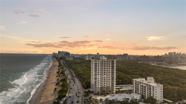drone / aerial view featuring a city view, a view of the beach, and a water view