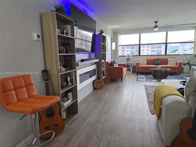 living room with ceiling fan and hardwood / wood-style floors