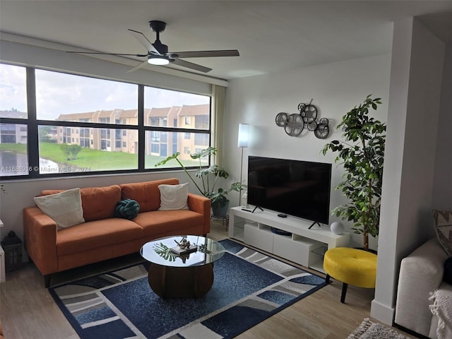 living room featuring hardwood / wood-style floors, plenty of natural light, and ceiling fan