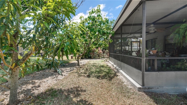 view of yard featuring a sunroom and ceiling fan