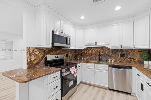 kitchen with sink, backsplash, kitchen peninsula, white cabinets, and appliances with stainless steel finishes