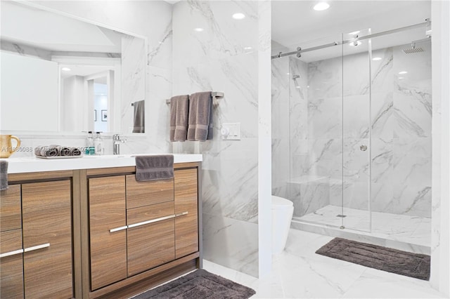 bathroom featuring vanity, toilet, an enclosed shower, and tile walls