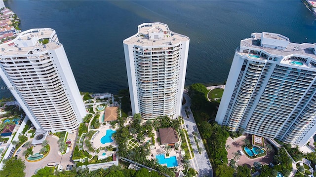 birds eye view of property featuring a water view