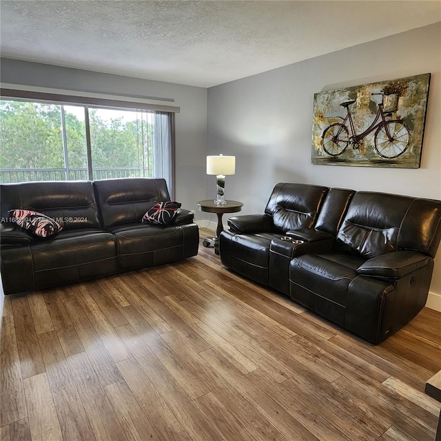 living room featuring wood-type flooring and a textured ceiling