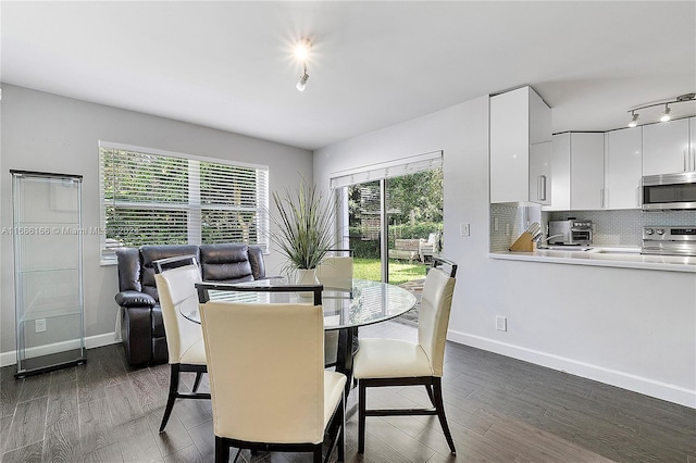 dining space with dark hardwood / wood-style flooring