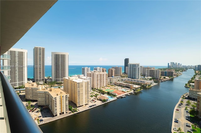 aerial view featuring a water view