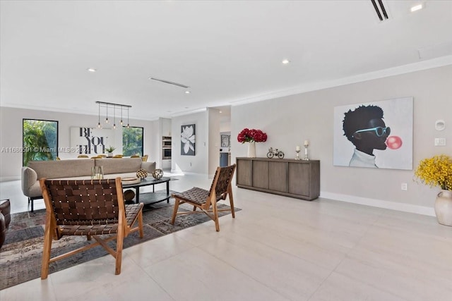 dining space with crown molding