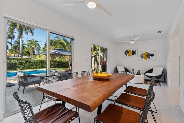 dining room with a wealth of natural light and ceiling fan