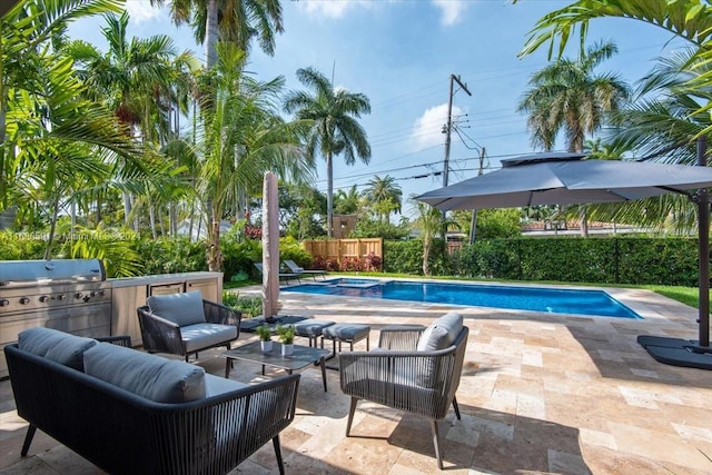 view of swimming pool with a patio area and exterior kitchen